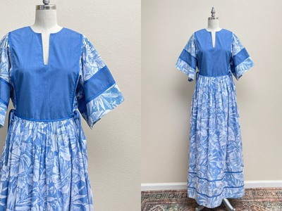 Vintage 70s Hilda Caftan, 1970s Color Blocked Cotton Floral Maxi Lounge Dress | eBay US