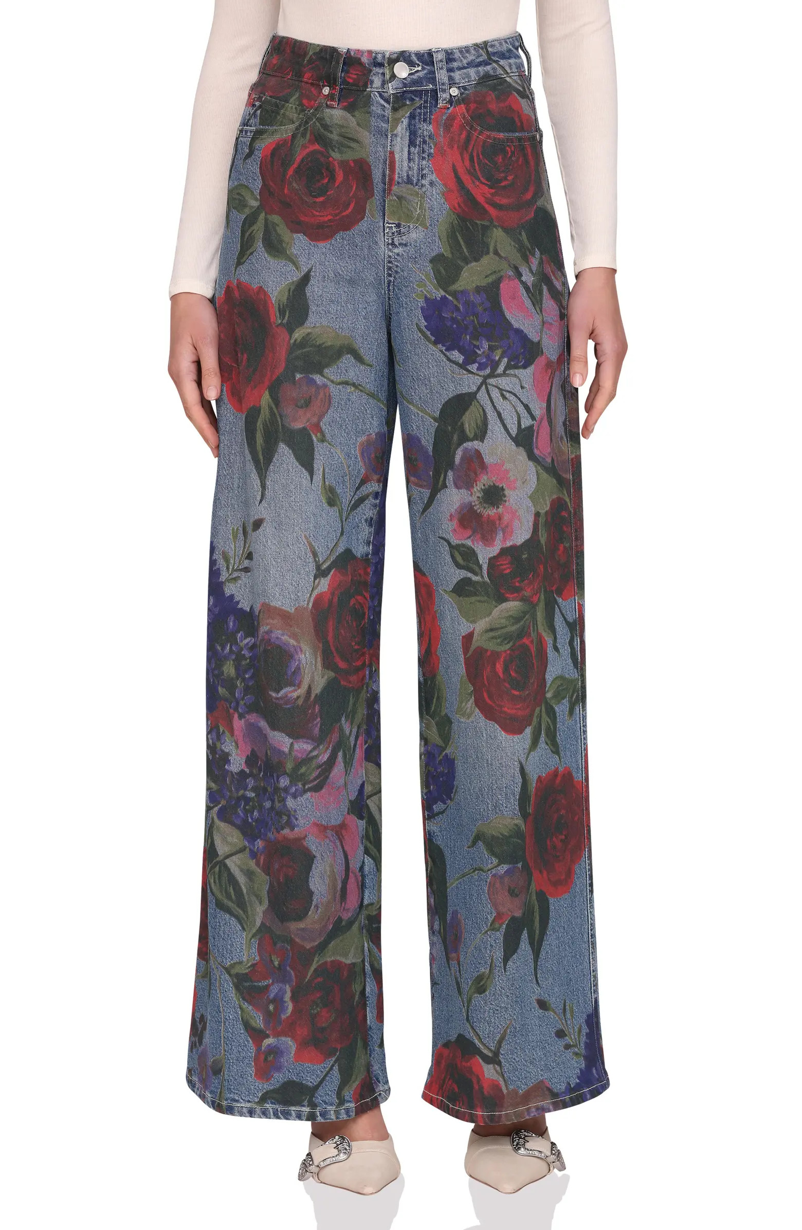 Avec Les Filles Floral Print High Waist Wide Leg Jeans | Nordstrom | Nordstrom