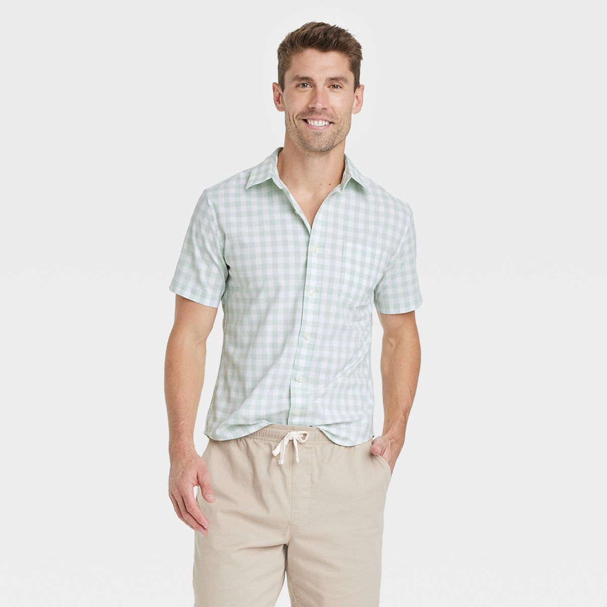 Men's Checked Slim Fit Short Sleeve Collared Button-Down Shirt - Goodfellow & Co™ Mint Green S | Target