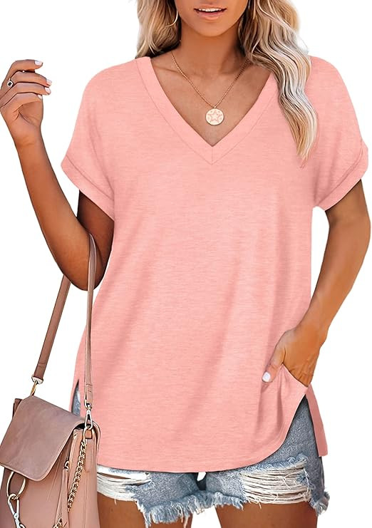 NSQTBA Womens T Shirts V Neck Roll Sleeve Tshirts Loose Fit Summer Tops Side Split | Amazon (US)