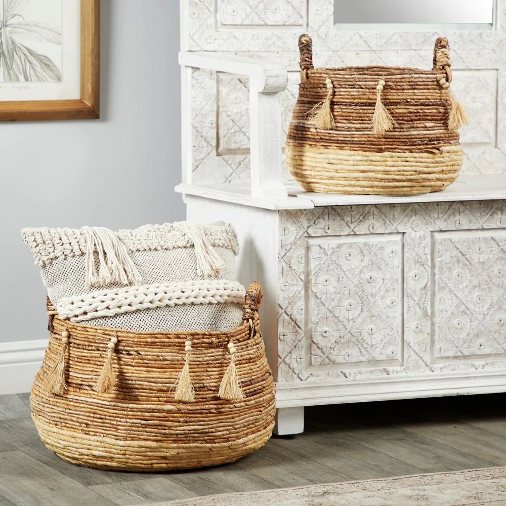 Studio 350 Round Natural Brown & Beige Banana Leaf Baskets w/ Beads & Tassels, Set of 2 | Bed Bath & Beyond