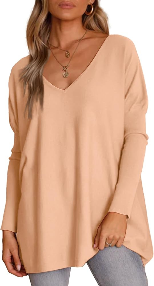 Tunic Sweaters for Women Fall 2024 Oversized V Neck Off Shoulder Batwing Sweater Lightweight Pull... | Amazon (US)