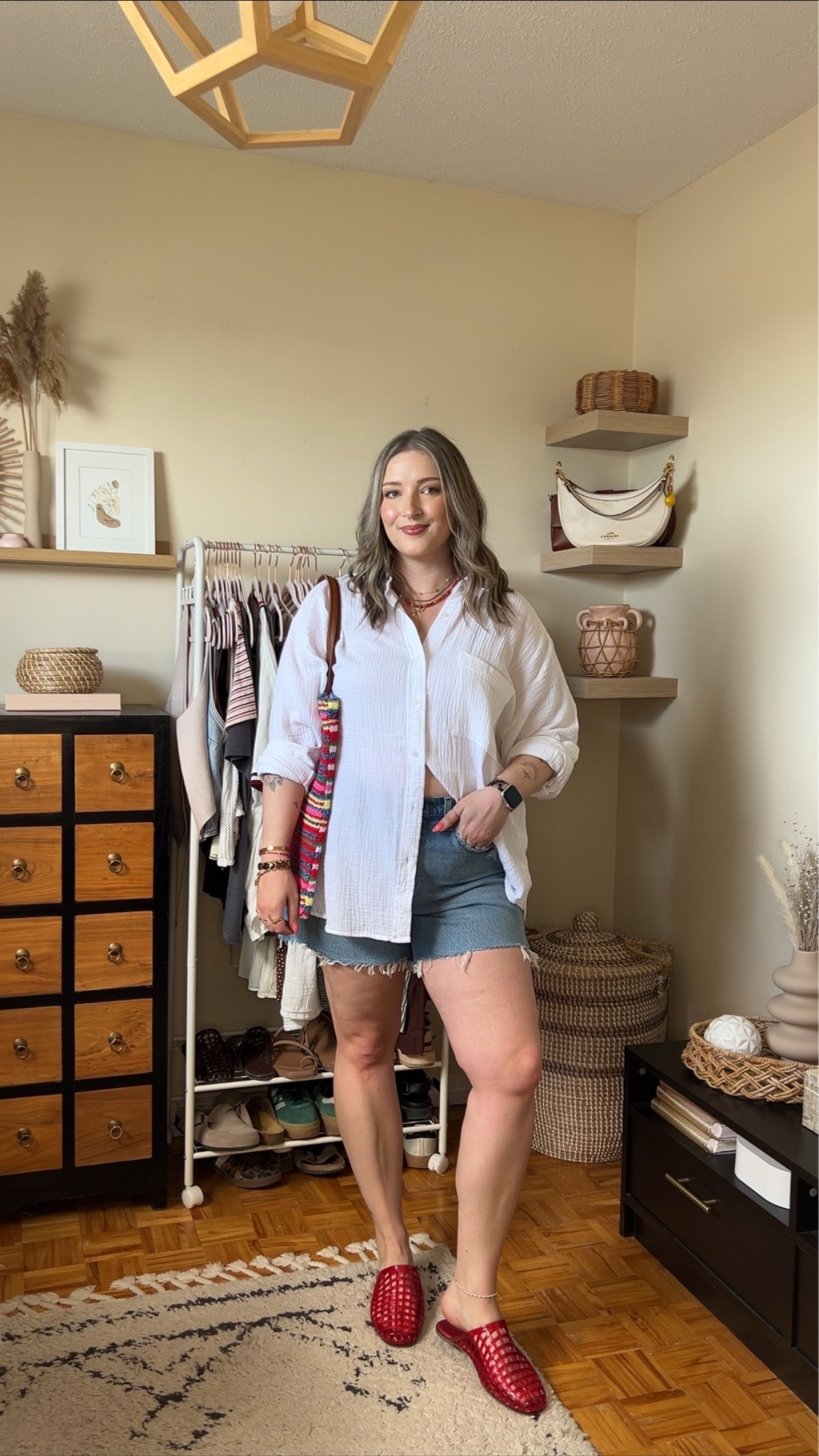 Easy summer outfit! Wearing my usual size L in the white button up shirt, sized up to 32 in the denim shorts. Jelly shoes are quite comfy, I’m a 9.5-10 shoe and wear a 10. Canadian shoe and bag links are under “similar products”

#LTKsummer #LTKsale #LTKmidsize