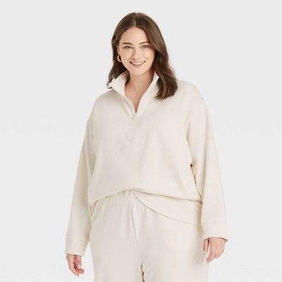 Women&#39;s Plus Size Fleece Quarter Zip Sweatshirt - A New Day&#8482; Cream 2X | Target