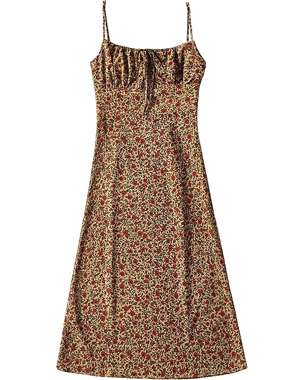 Omoone Women's Floral Dress Low-Cut Square Neck Spaghetti Strap Tie Bodycorn Dresses | Amazon (US)