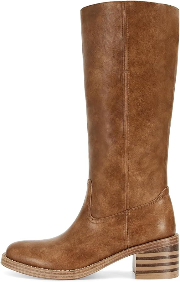 DOEYG Women's Banana Knee High Boots Square Toe Chunky Block Heel Tall Boots Wide Calf Fashion Co... | Amazon (US)