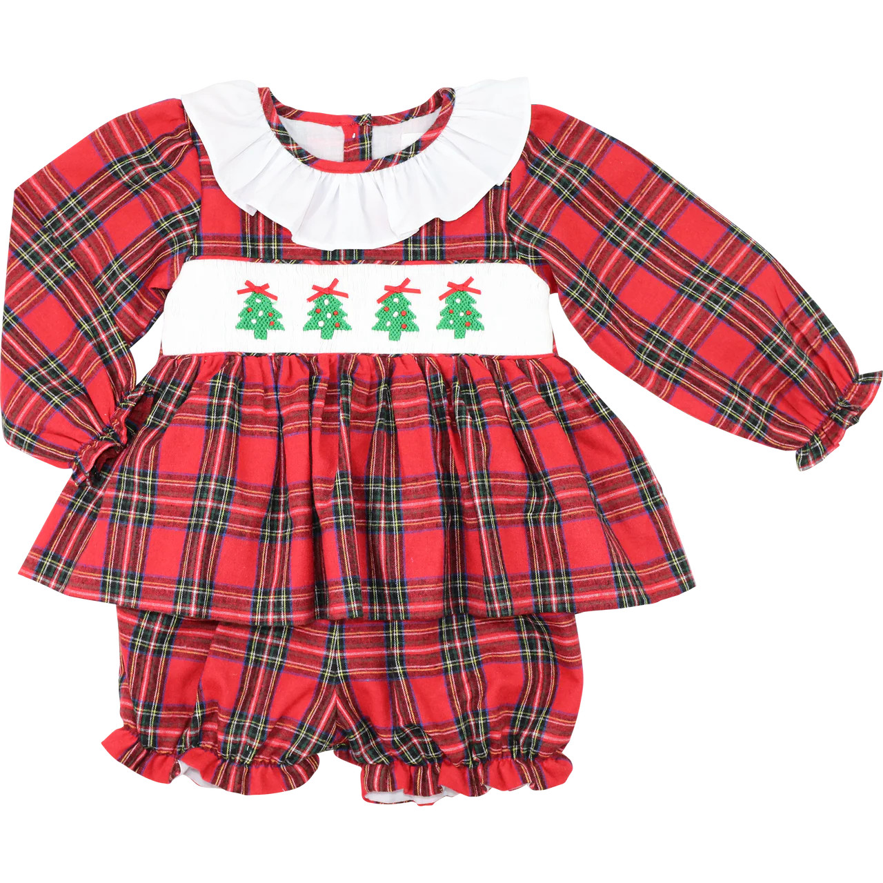 Red And Green Flannel Plaid Smocked Christmas Tree Bloomer Set | Cecil and Lou