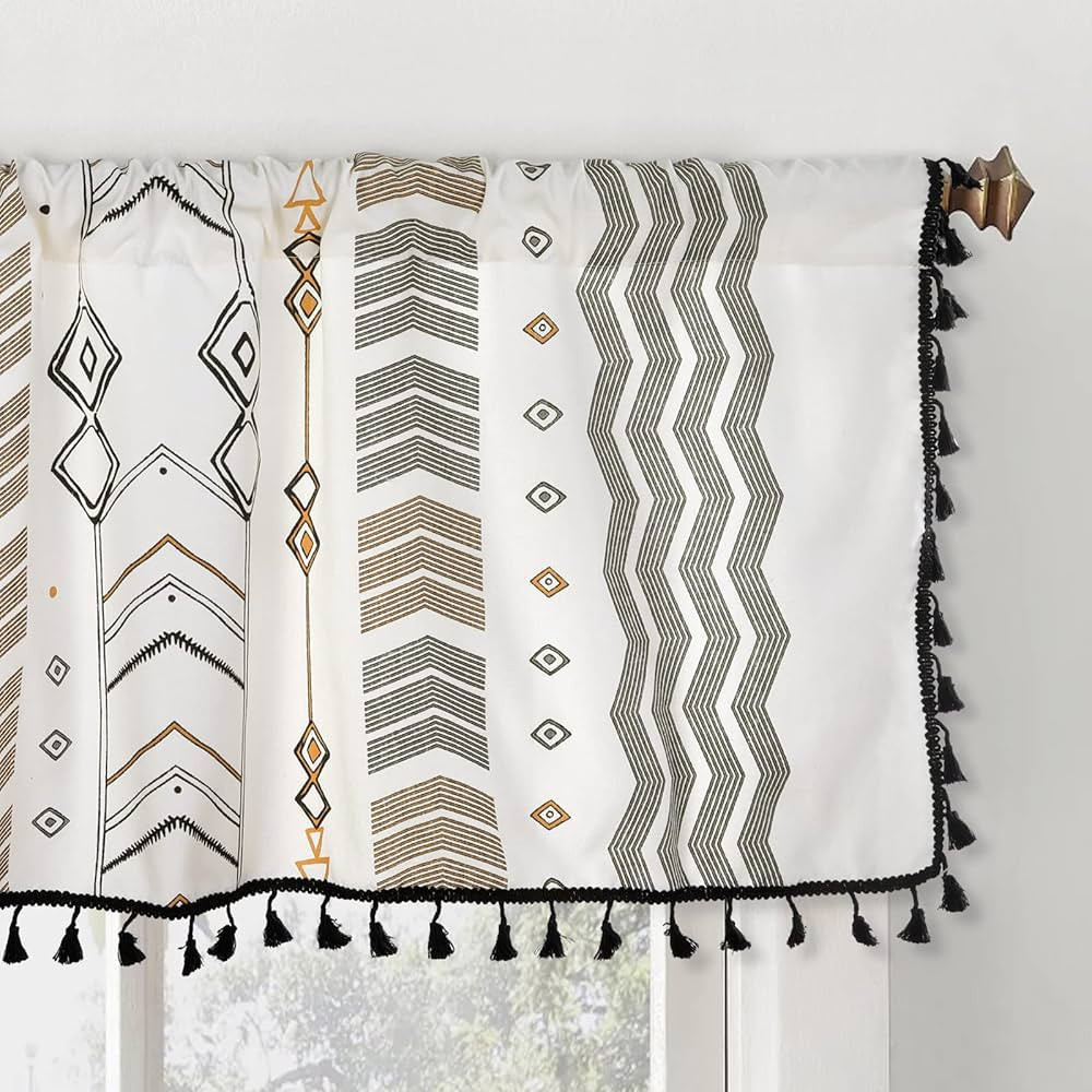 ColorBird Window Valance Boho Cotton Linen Short Curtain with Black Bordered Tassel Rod Pocket 1 ... | Amazon (US)