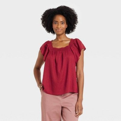 Women's Ruffle Short Sleeve Smocked Top - A New Day™ Burgundy | Target