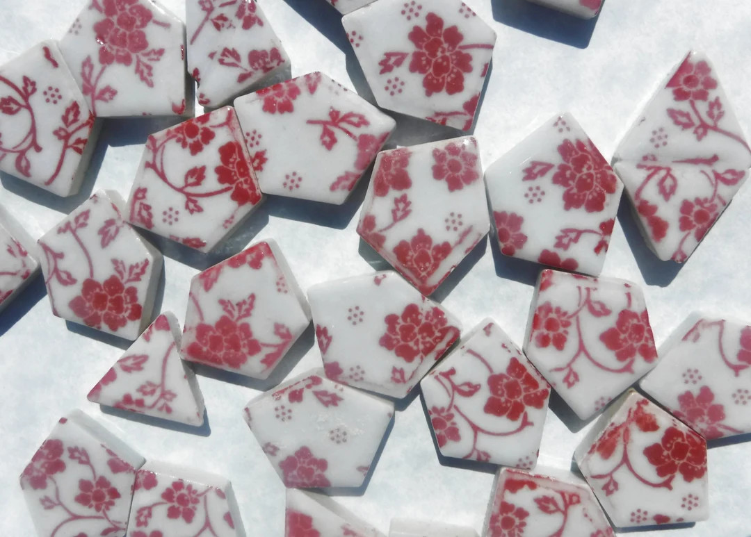 Red and White Dainty Flowers - Chunky Mosaic Porcelain Tiles - Half Pound | Etsy (US)