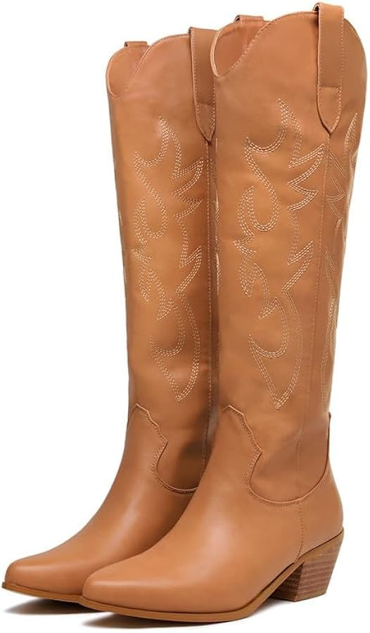Women's Western Cowboy Boots with Embroidery Chunky Block Heel 2.5" Classic Cowgirl Boots Mid Cal... | Amazon (US)
