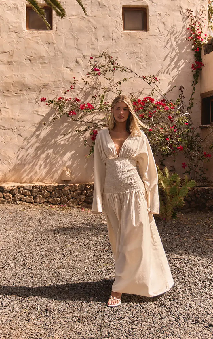 Cream Linen Look Shirred Waist Maxi Dress | PrettyLittleThing US