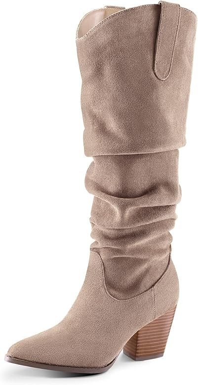 mysoft Women's Cowboy Knee-High Boots Pointed Toe Wide Calf Mid Chunky Heel Pull On Slouchy Boots... | Amazon (US)