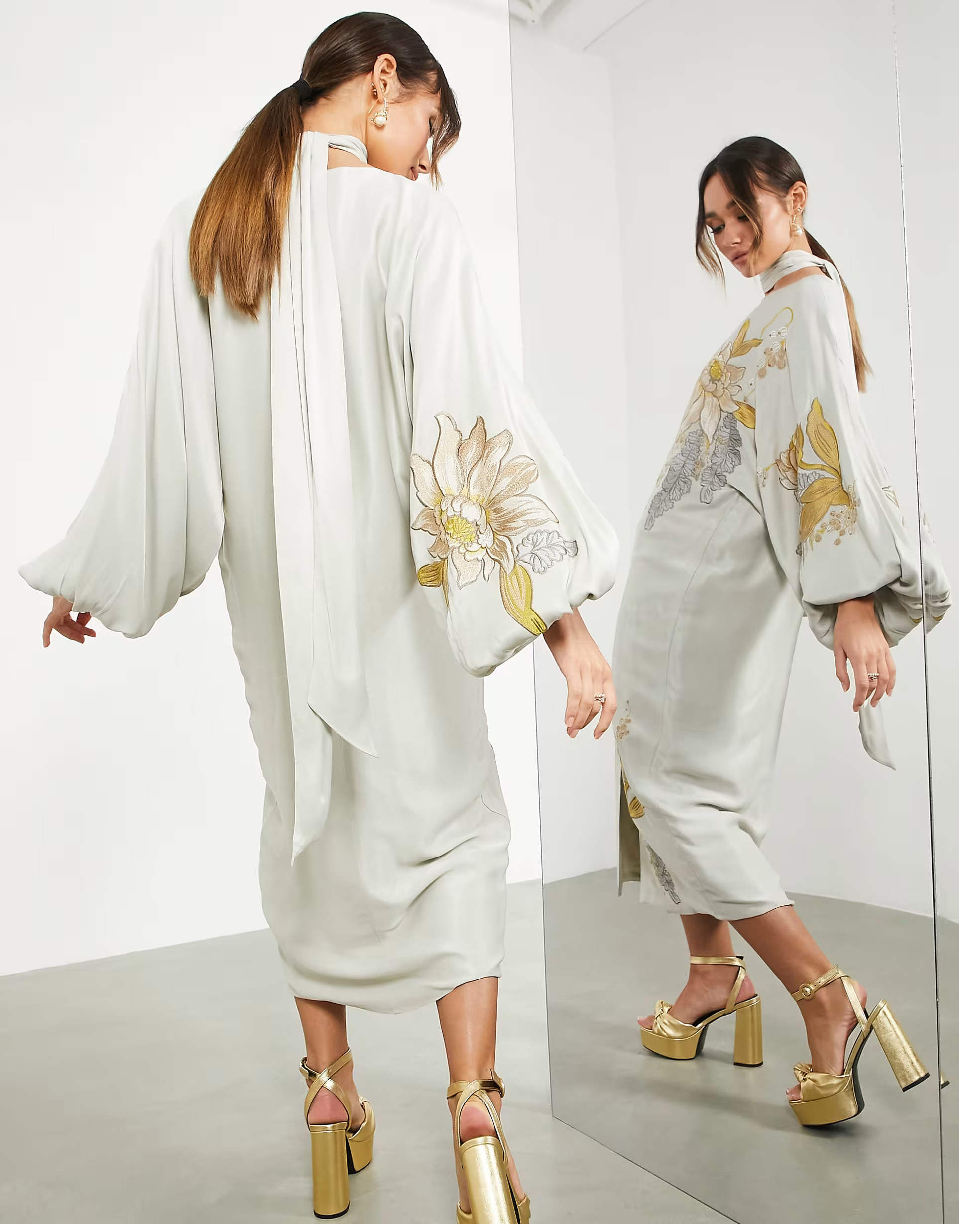 ASOS EDITION satin floral embroidered midi dress in sage green | ASOS (Global)