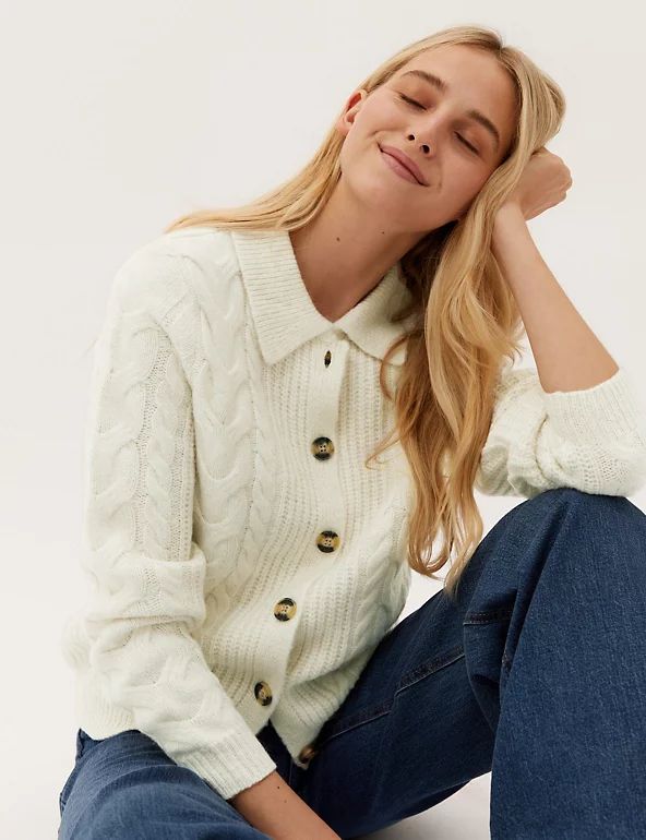 Cable Knit Collared Relaxed Cardigan | Marks & Spencer IE