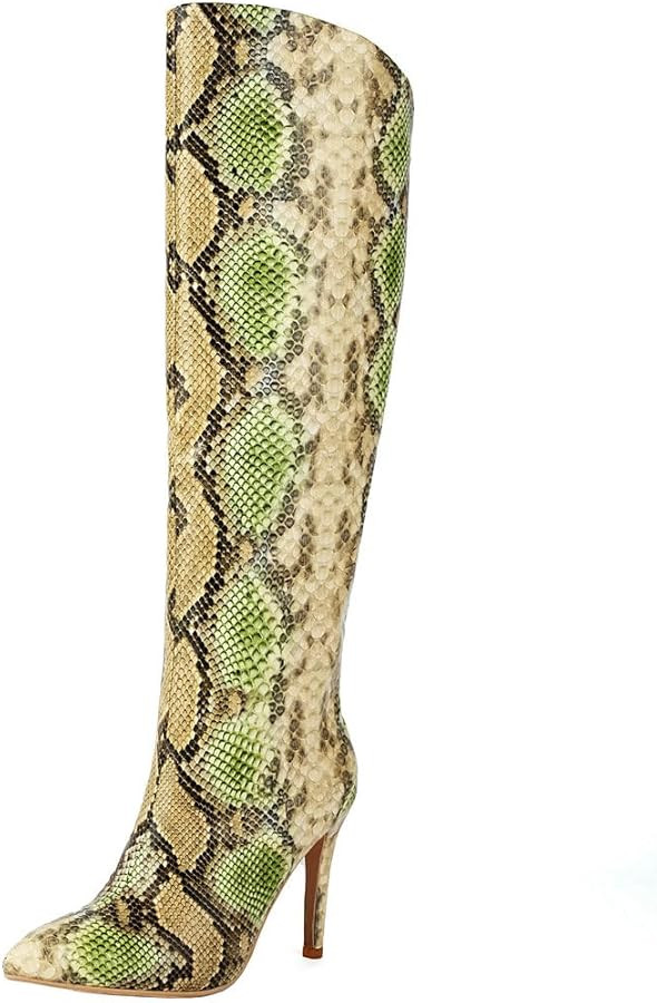 DINTAHA Snake Boots Women Multicolor Snakeskin Knee High Pointed Toe Colorful Stiletto Boots | Amazon (US)