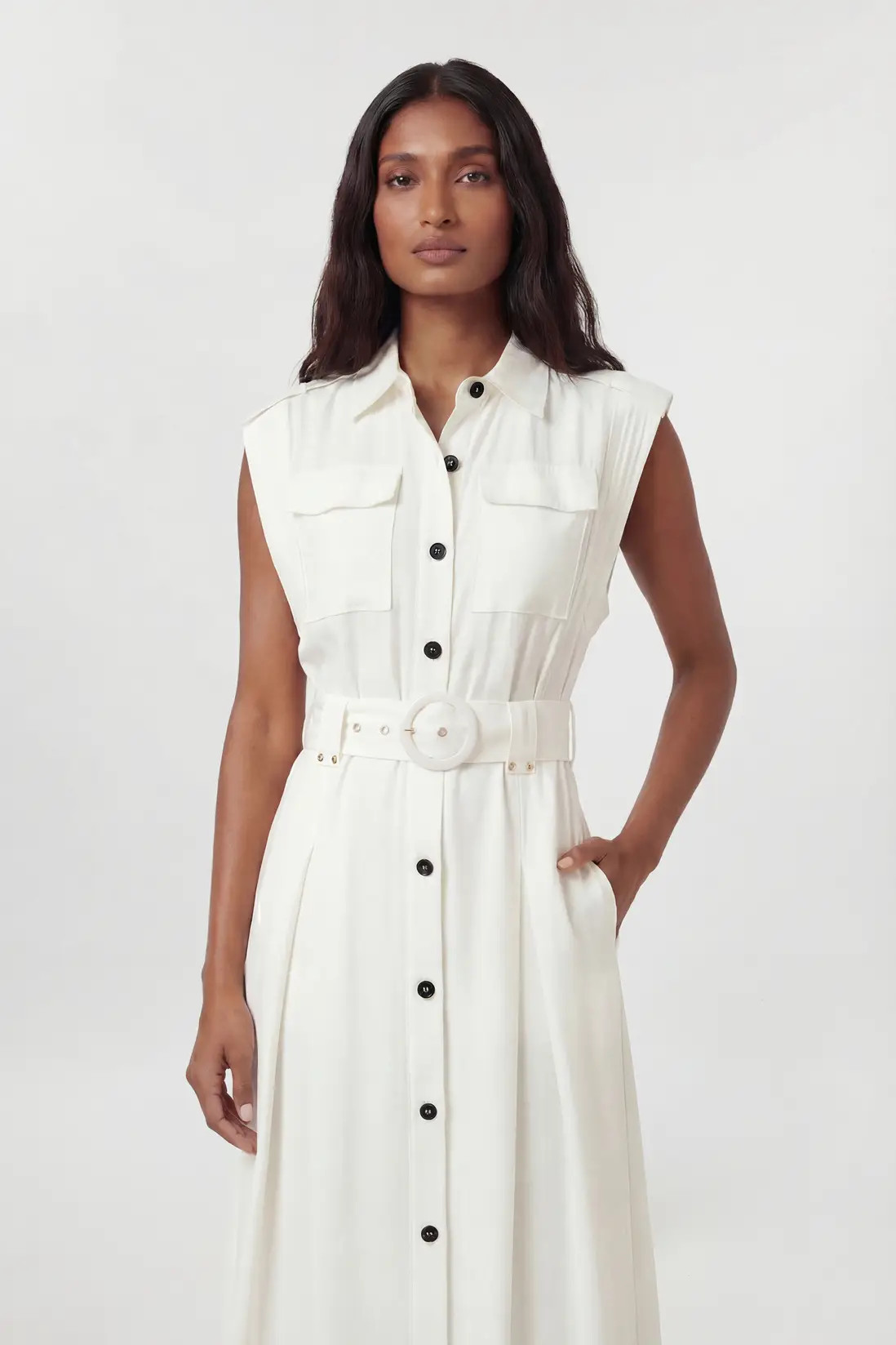 Premium Viscose Linen Belted Woven Maxi Dress With Gold Hardware Detail | Karen Millen