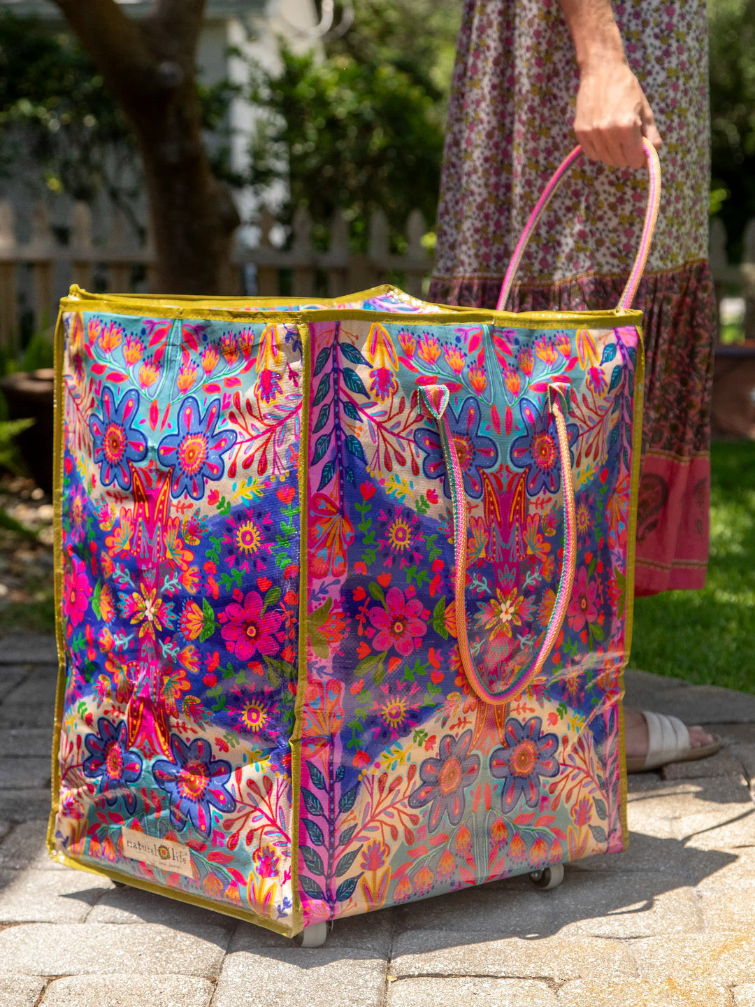 Rolling Tote Bag - XL Royal Blue Folk Flower | Natural Life