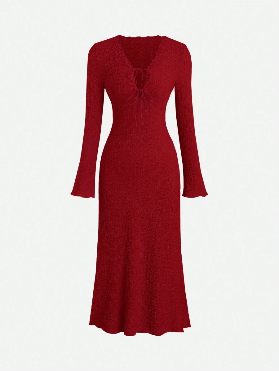 Sweetra Solid Color V-Neck Tie Front Bodycon Long Sleeve Dress Burgundy Maxi Women Outfit Fall Cl... | SHEIN