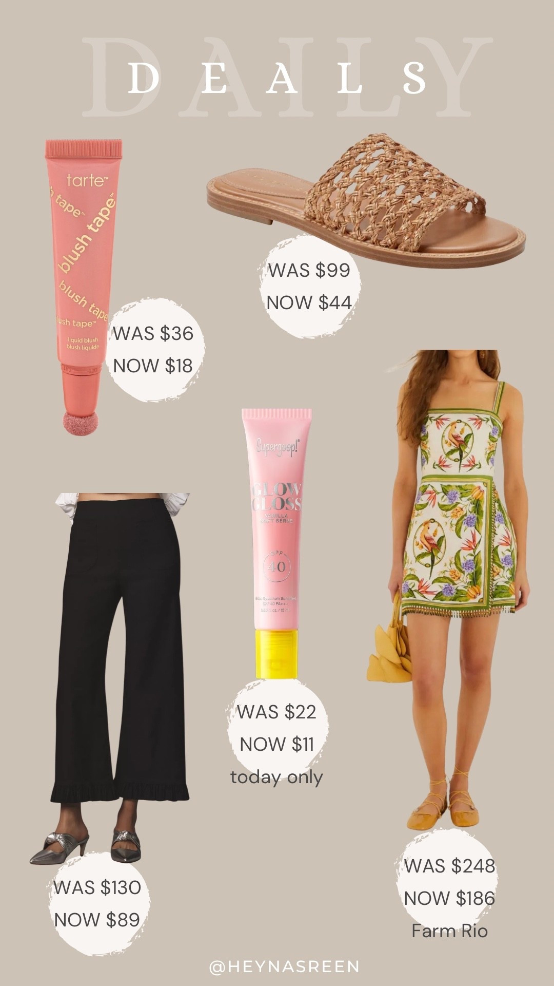 Daily deals on Tarte blush tape, Marc Fisher LTD sandals, Farm Rio dress, Supergoop spf lip balm, Anthropologie Maeve pants 