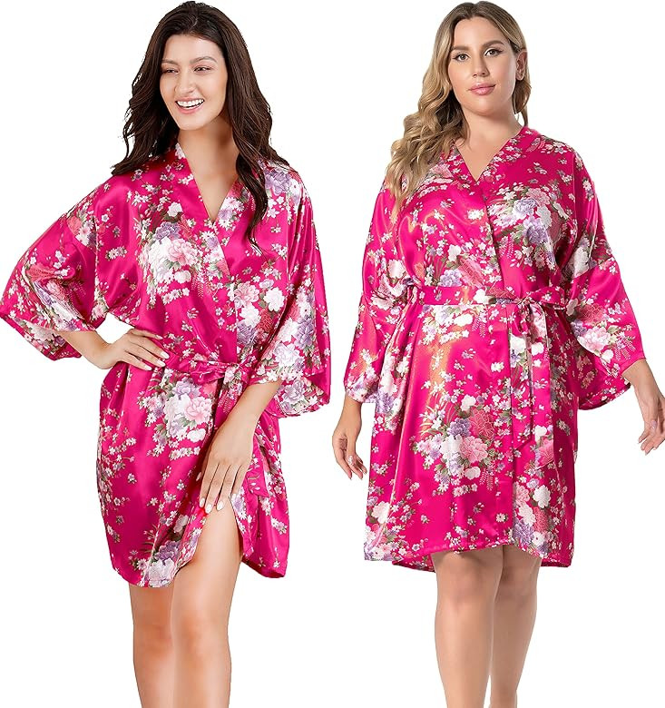 EPLAZA Women Floral Satin Robe Bridal Dressing Gown Wedding Bride Bridesmaid Kimono Sleepwear | Amazon (US)