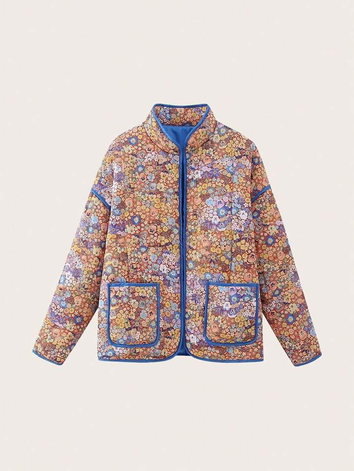 Floral Print Double-pocket Colorblock Contrast-trim Quilted Jacket | SHEIN