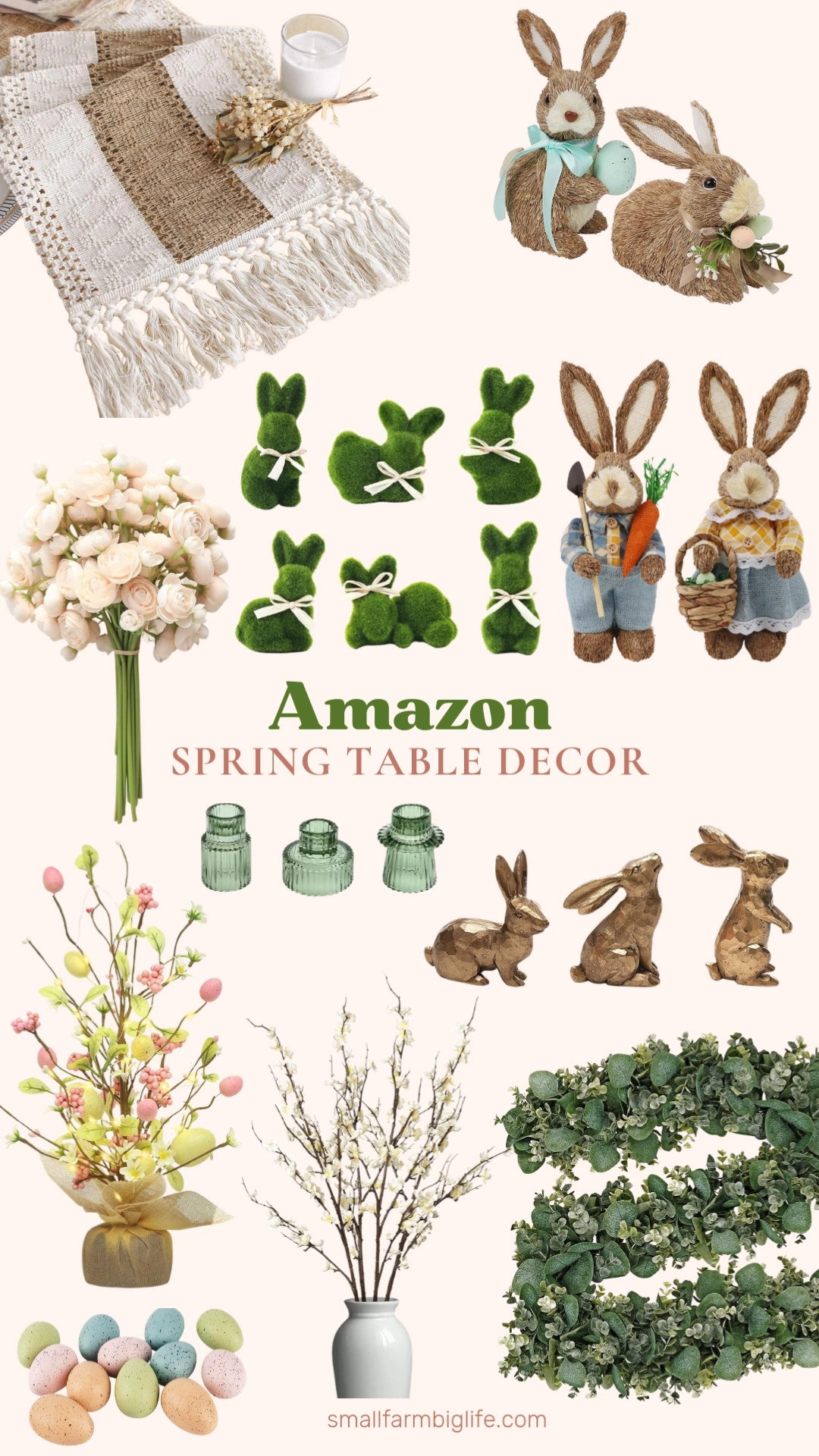 Spring table season is here and I’m leaning into all the soft greens and sweet bunny details 🐰🌿✨

From moss bunnies and golden rabbit figurines to a pre lit Easter egg tree, speckled eggs, and faux eucalyptus garland, these Amazon finds make decorating your table so easy. Add ranunculus, cherry blossom branches, green glass taper holders, and a boho tassel table runner for a fresh, layered spring look that’s perfect for Easter hosting 🤍🌸 

 #LTKSeasonal #LTKHome