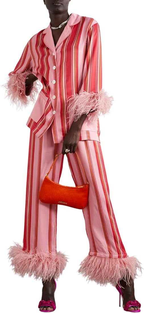 Juakoso Christmas Flannel Pajamas Set for Women Feather Trim Long Sleeve Shirt and Wide Leg Pants... | Amazon (US)