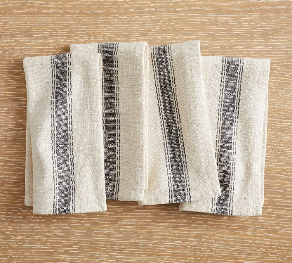 French Striped Organic Cotton Napkins, Set of 4 - Charcoal/Flax | Pottery Barn (US)