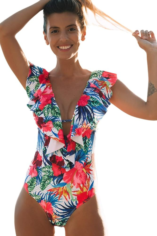 Sporlike Women One Piece Swimsuit V-Neck Ruffle Bathing Suit Padded Monokini | Amazon (US)