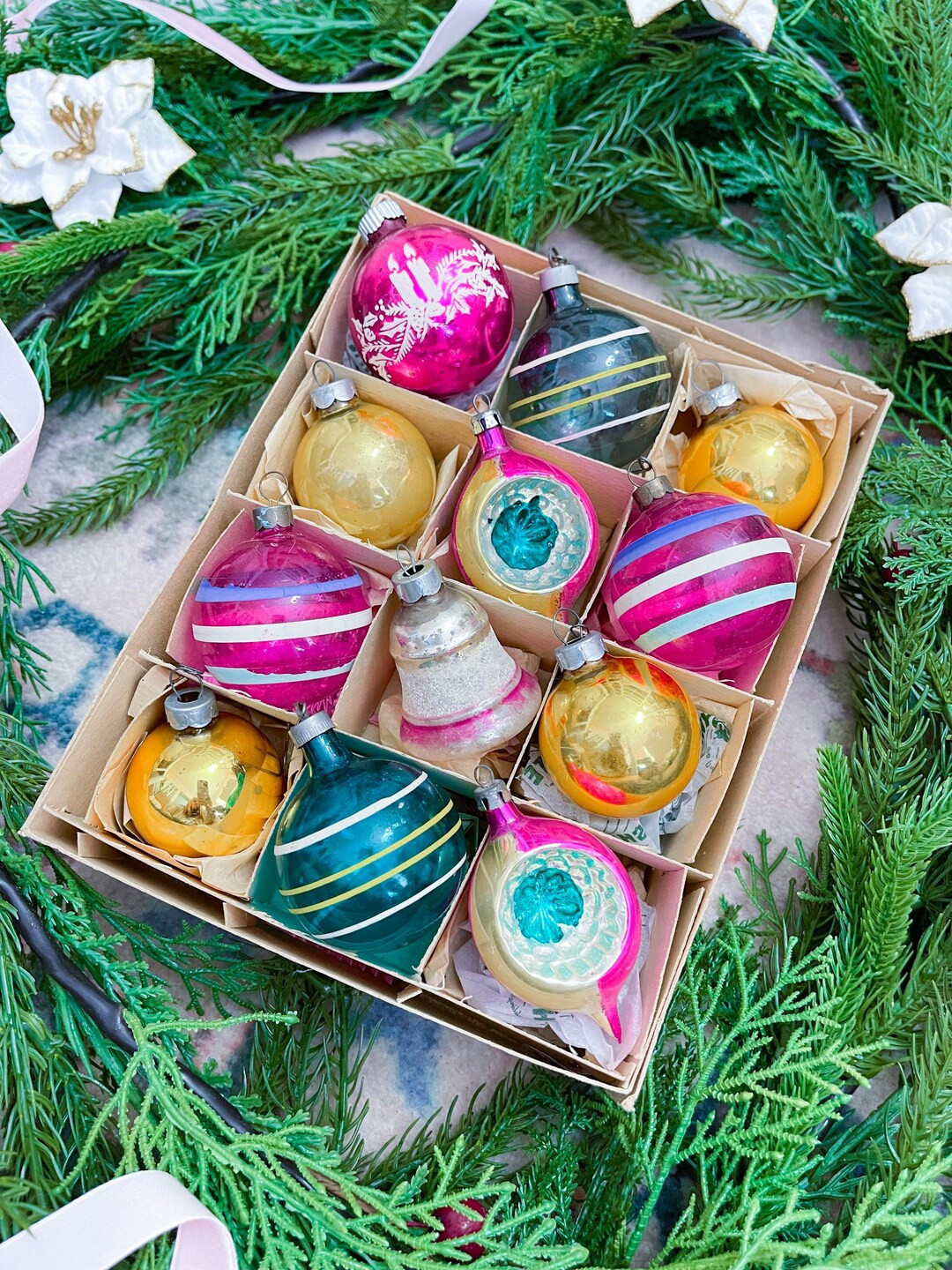 Set of 12 Curated Vintage Shiny Brite, Made in Italy, Austria, Pink Green Gold Colorful Christmas... | Etsy (US)