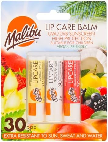 Malibu Lip Care Balm, Vanilla, Tropical, Strawberry, SPF30 | Amazon (US)