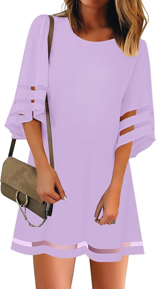 LookbookStore Women Casual Crewneck Mesh Panel 3/4 Bell Sleeve Loose Tunic Dress | Amazon (US)