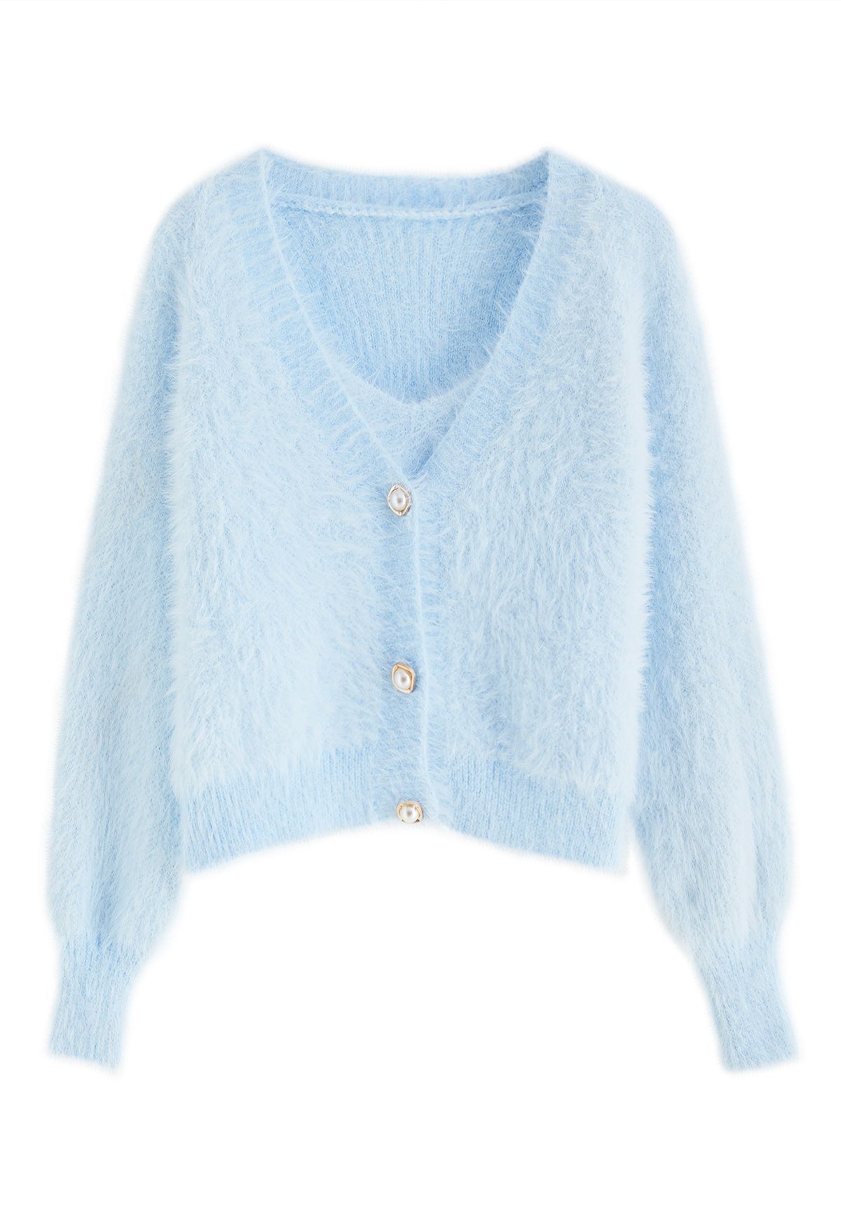 Fuzzy Cami Top and Pearly Buttoned Cardigan Set in Baby Blue | Chicwish