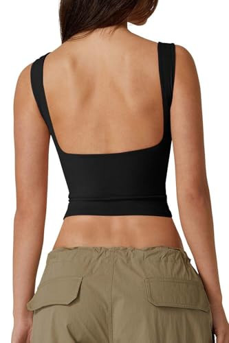 QINSEN Women's Sexy Open Back Sleeveless Crop Tank High Neck Slim Fit Cropped Tee Shirt Y2k Tops | Amazon (US)