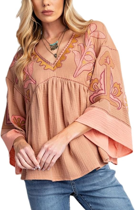 Zontroldy Women's Summer Casual V Neck Wide Sleeve Color Block T-Shirts Loose Fit Boho Peplum Bab... | Amazon (US)