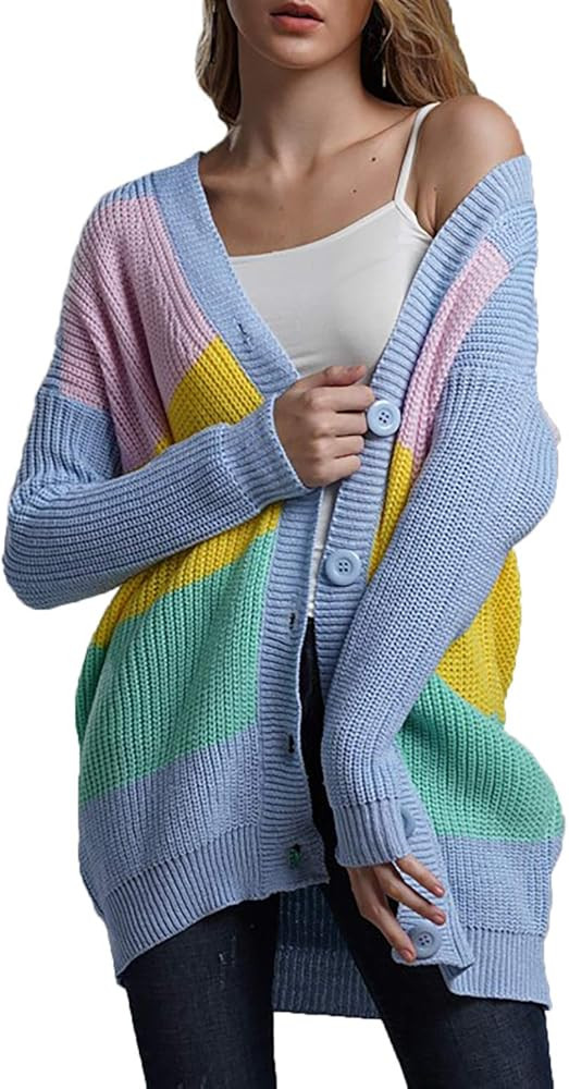 HZSONNE Women's Casual Color Stripe Open Front Slouchy Cardigan Lightweight Crochet Side Pocket K... | Amazon (US)