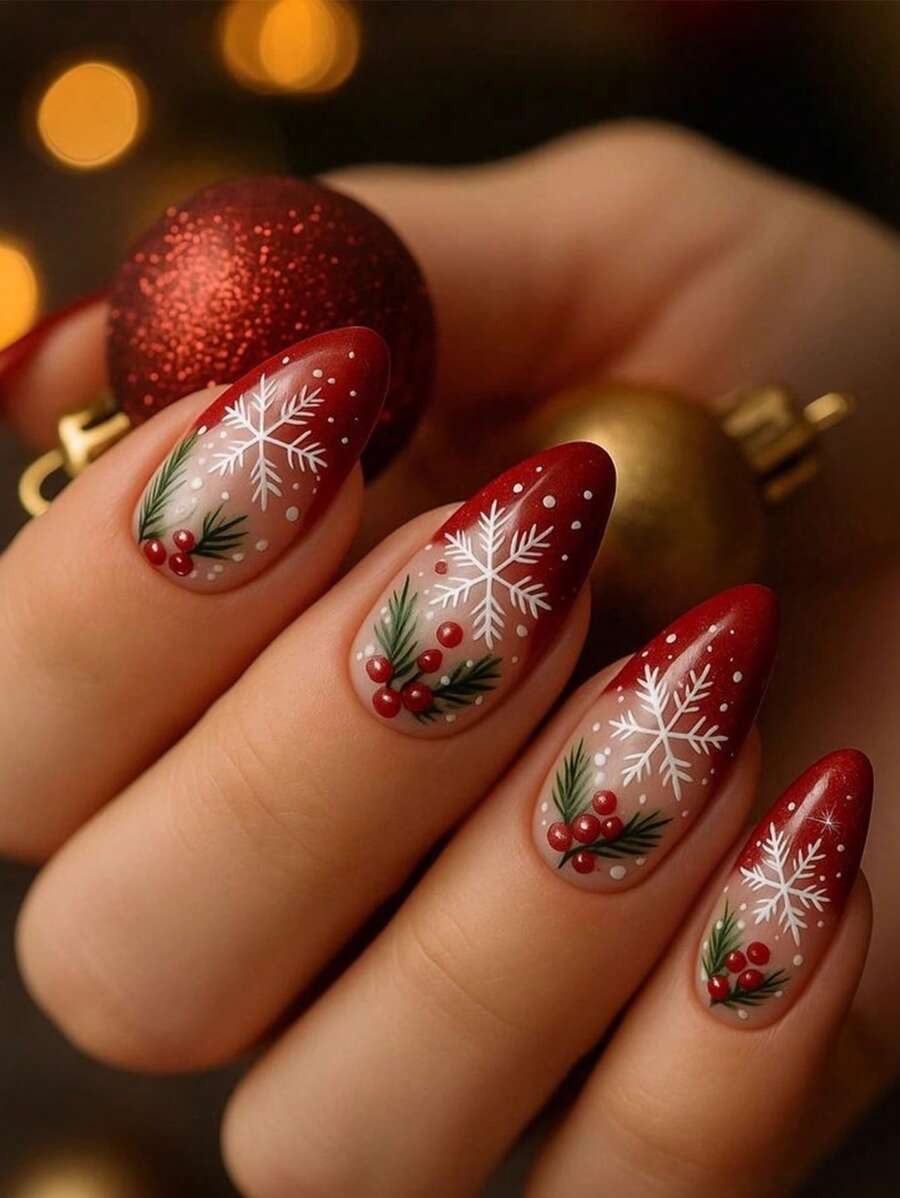 Christmas Nails, 24 Pieces Per Set, Almond-Shaped Christmas Snowflake Red French Berry Press-On S... | SHEIN