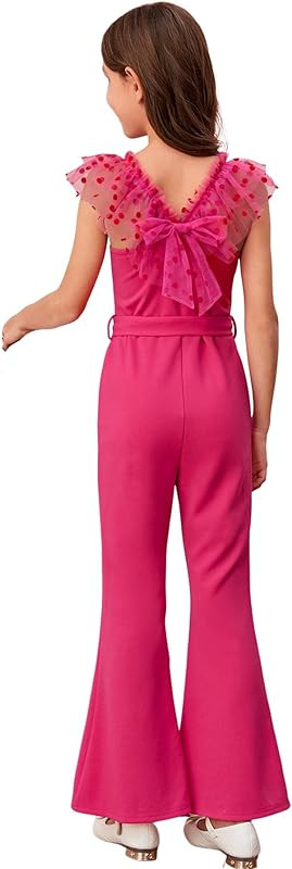 WDIRARA Girl's Flare Leg Mesh Flutter Cap Sleeve Belted Bow Back Cute Party Jumpsuit | Amazon (US)
