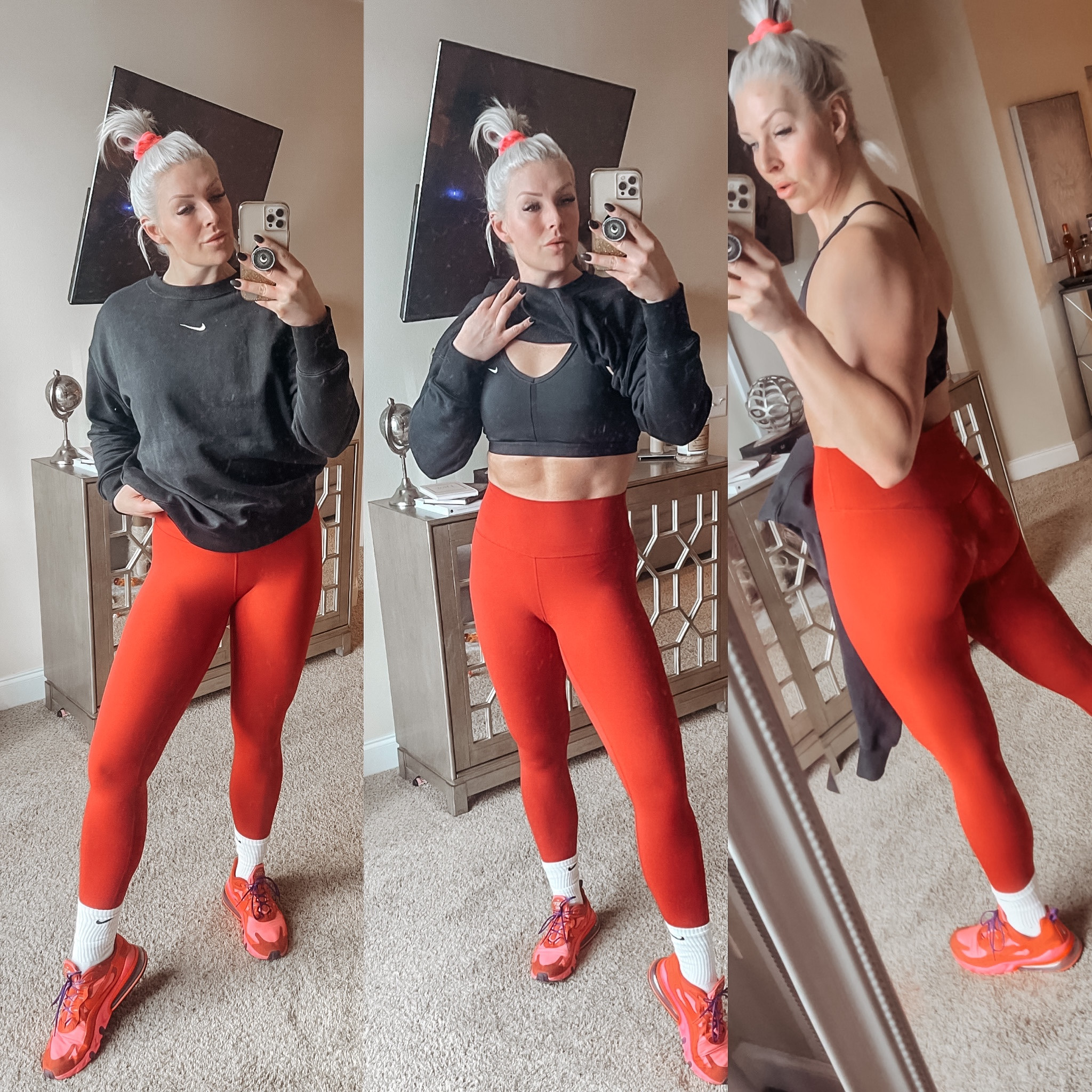Cute gym outfits get me motivated! Red leggings with my matching Nike oversized crew neck, pink and red sneakers, black Nike sports bra, and white Nike crew socks. 

6’2” 190 wearing a medium in leggings, large sports bra, and large crewneck for more of an oversized fit.

#LTKfit #LTKunder100