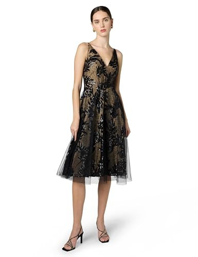 Dress the Population Women's Courtney Sleeveless Veiled Fit & Flare Midi Dress -Blacknude, S | Amazon (US)