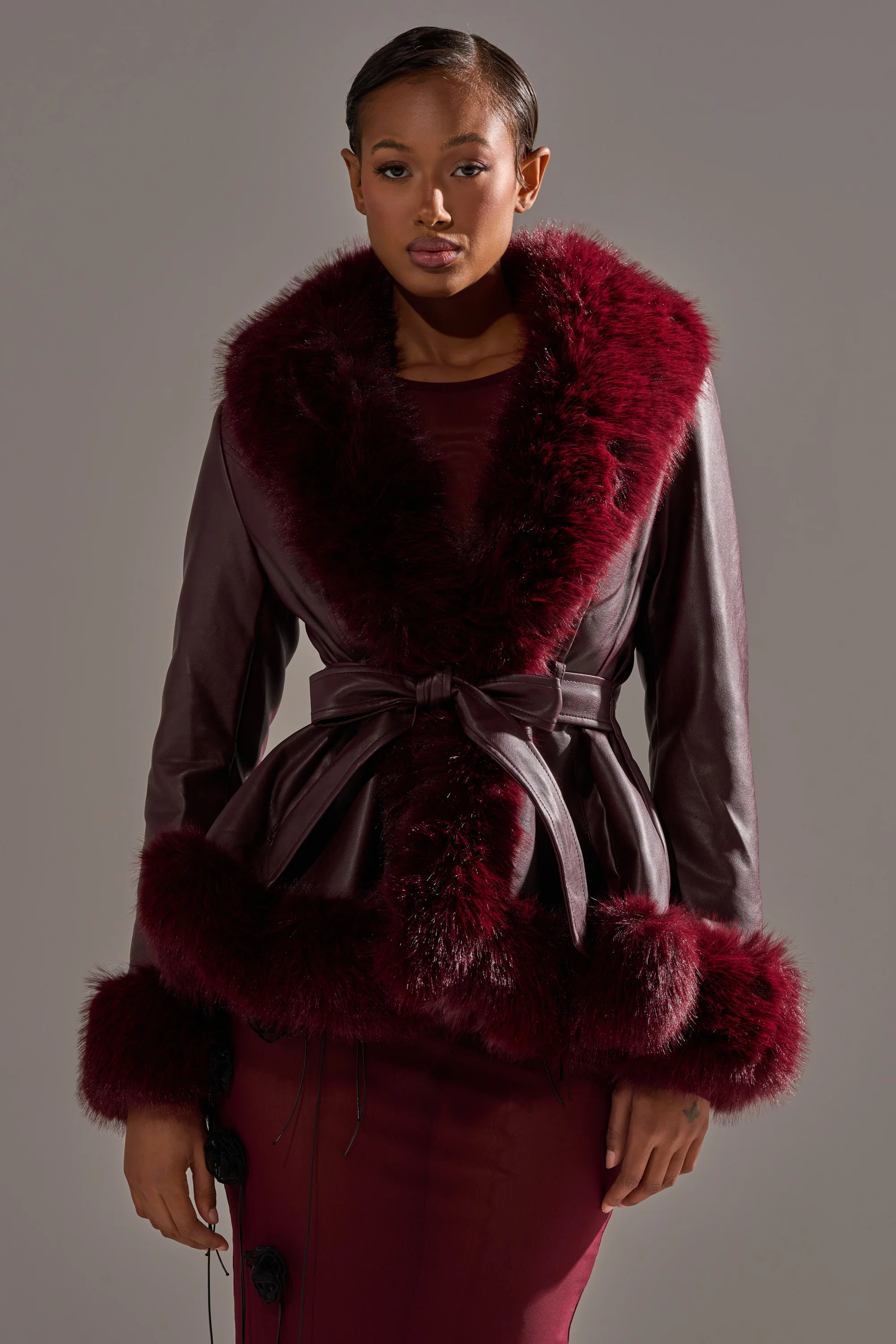 KENZY FUR TRIM MOTO IN BURGUNDY | AKIRA
