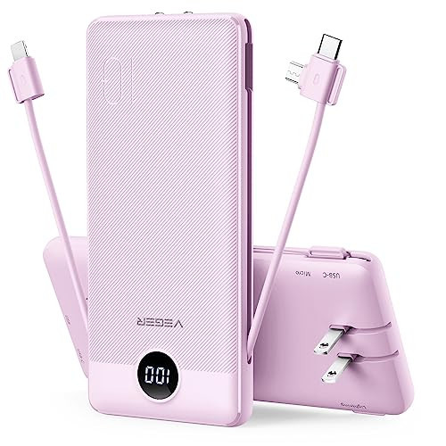 VEGER Portable Charger for iPhone Built in Cables and Wall Plug, 10000mah Slim Fast Charging USB C Power Bank, Travel Essential Battery Pack Compatible with iPhones, iPad, Samsung More Devices(Purple) | Amazon (US)