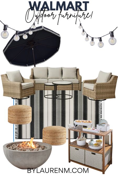 Outdoor furniture. Patio furniture. Outdoor seating. Fringe umbrella, string lights, outdoor rug, jute ottoman, outdoor console, outdoor bar, fire pit. 

#LTKhome #LTKSeasonal