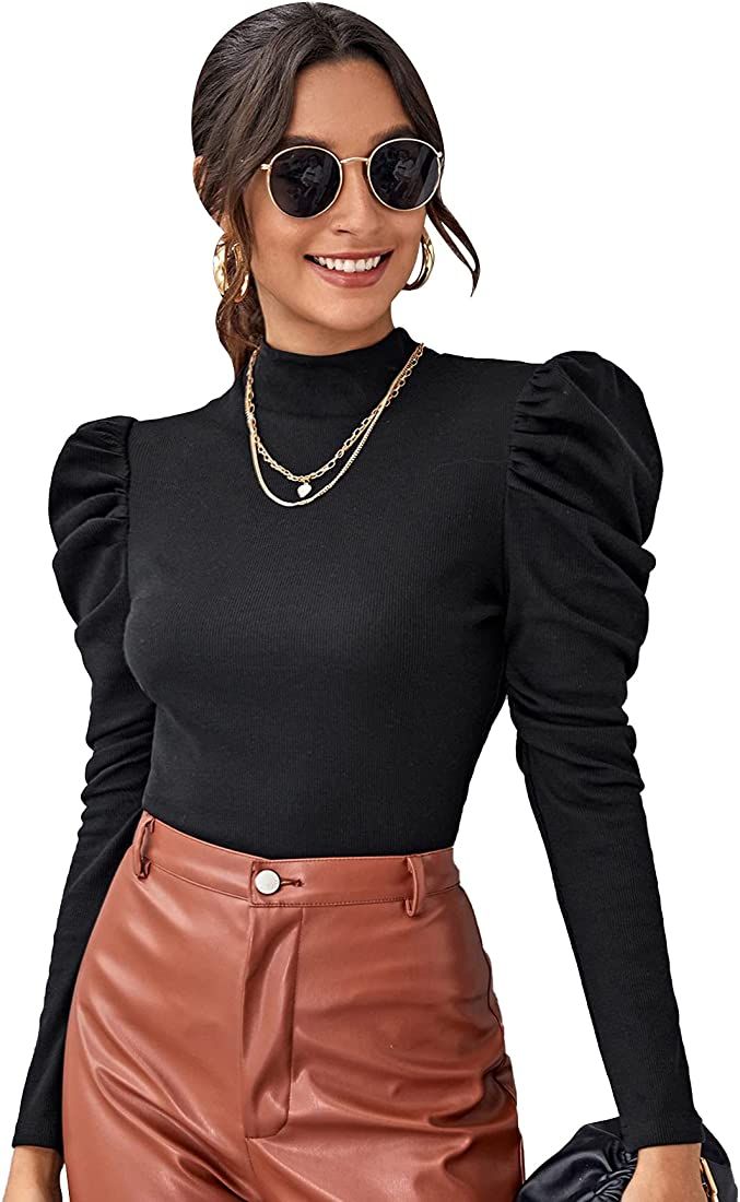 Milumia Women's Elegant Mock Neck Tee Shirt Long Sleeve Puff Sleeve Rib Knit Top Black X-Small at... | Amazon (US)