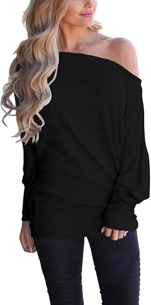 Poetsky Women's Off Shoulder Tops Casual Loose Shirt Batwing Sleeve Tunics Blouse | Amazon (US)