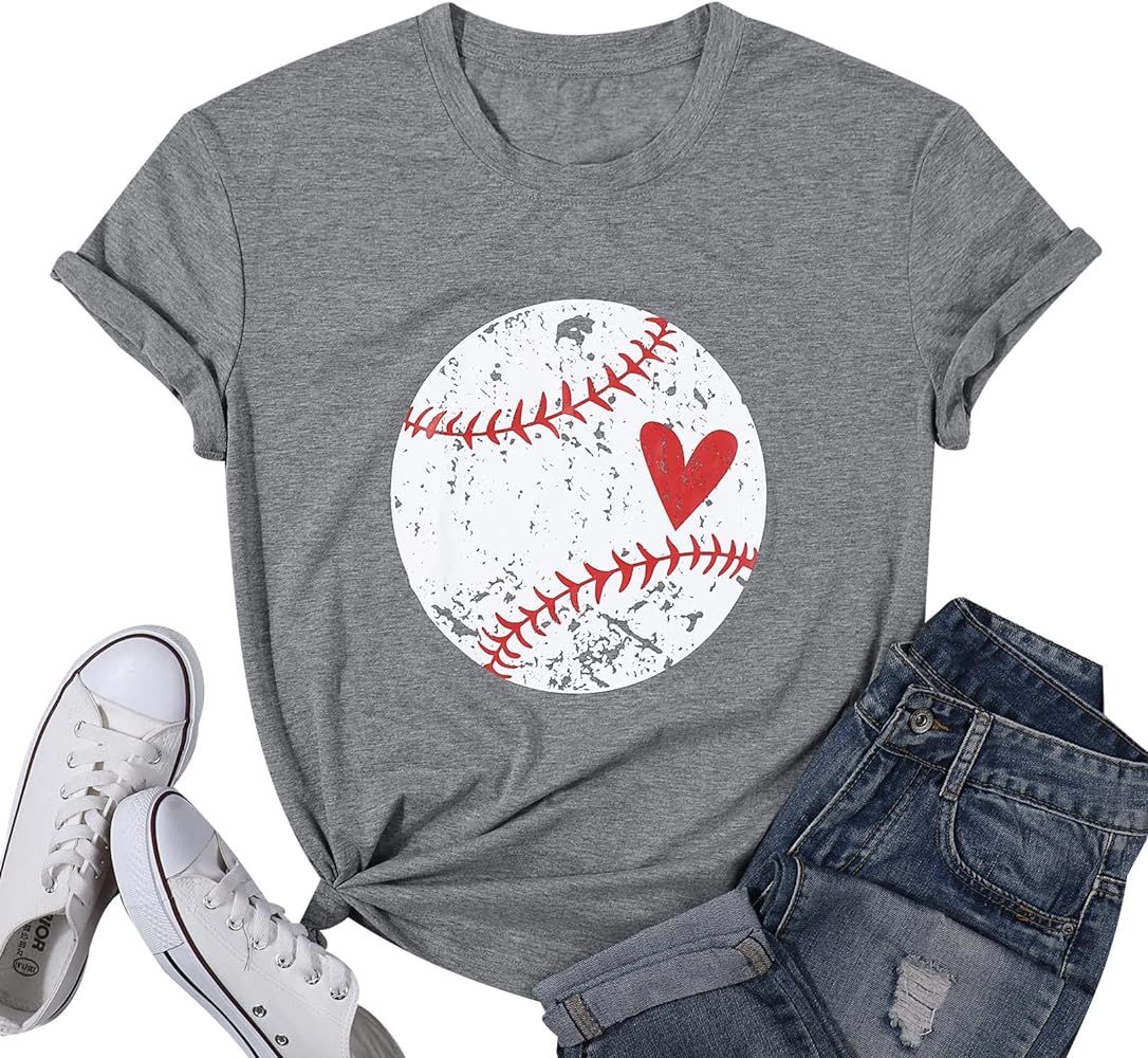 Cute Baseball Shirt Women Baseball Heart Tee Shirts Short Sleeve Crew Neck Casual Summer Graphic ... | Amazon (US)