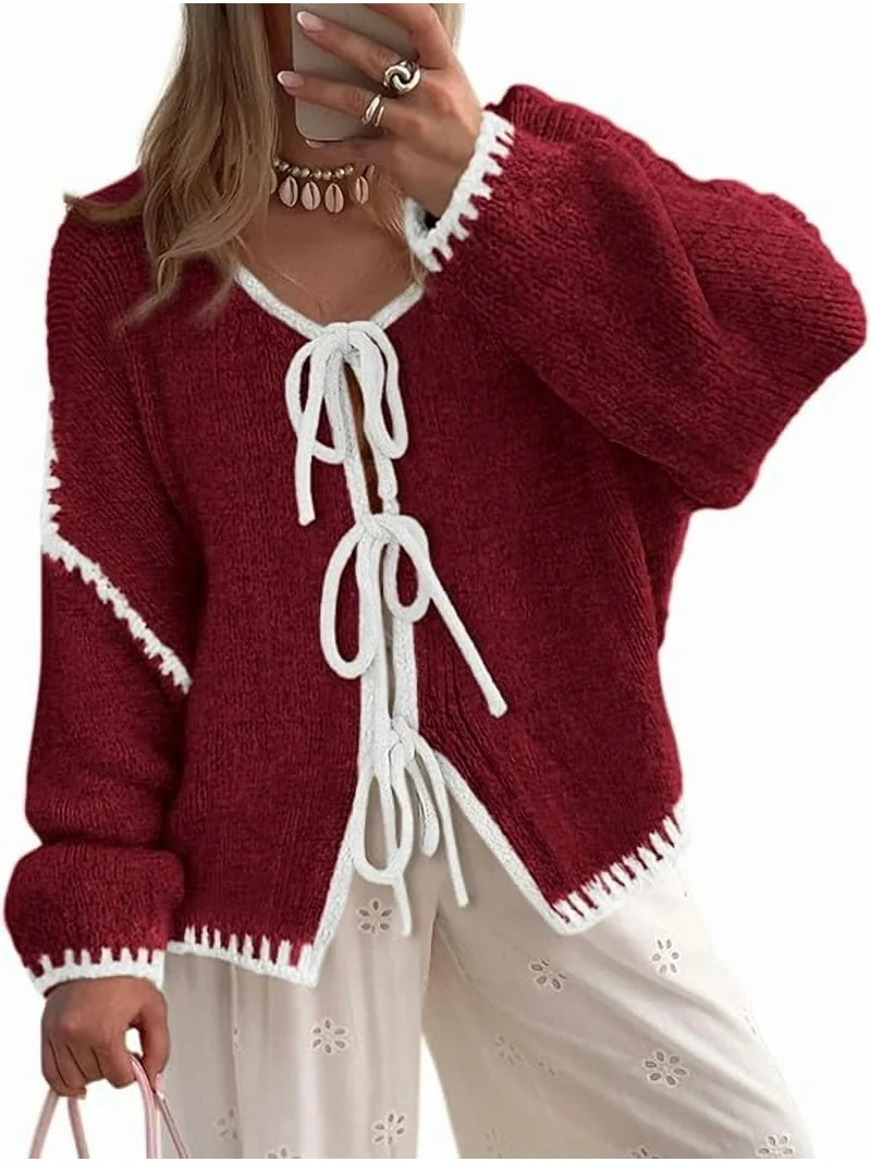 PRETTYGARDEN Women's Tie Front Bow Cardigan Sweaters Chunky Knit Long Puff Sleeve Trendy Fall Win... | Walmart (US)