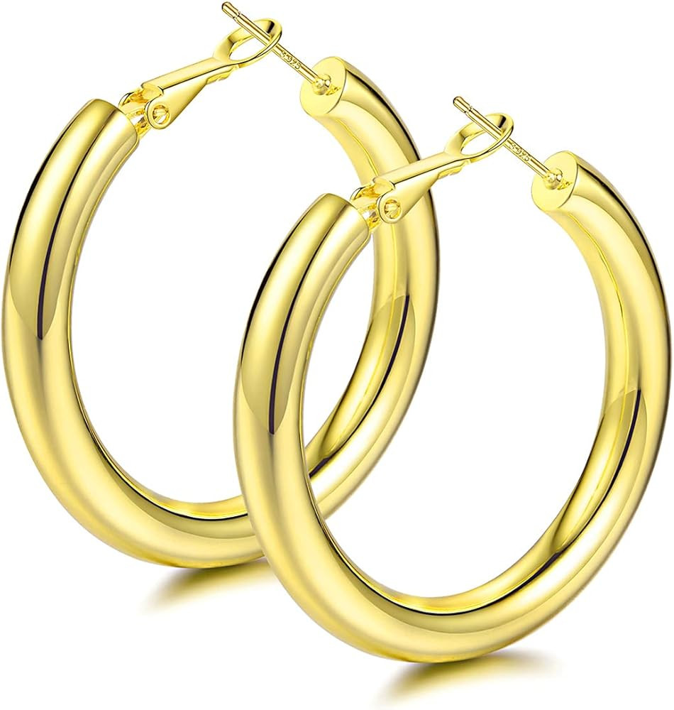 Chunky Gold Hoop Earrings 14K Gold Plated 925 Sterling Silver Post Thick Tube Hoops for Women And... | Amazon (US)