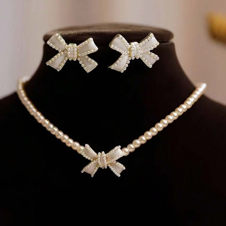 3pcs Pearl Bow Pendant Necklace And Earrings Set, Fashionable Niche Design Versatile Jewelry For Women | SHEIN